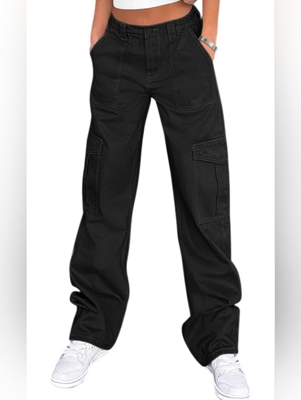 Women's Relaxed Straight-Leg Cargo Pants in Black Size L Like New